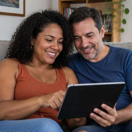 Casal assistindo junto a um tablet.
