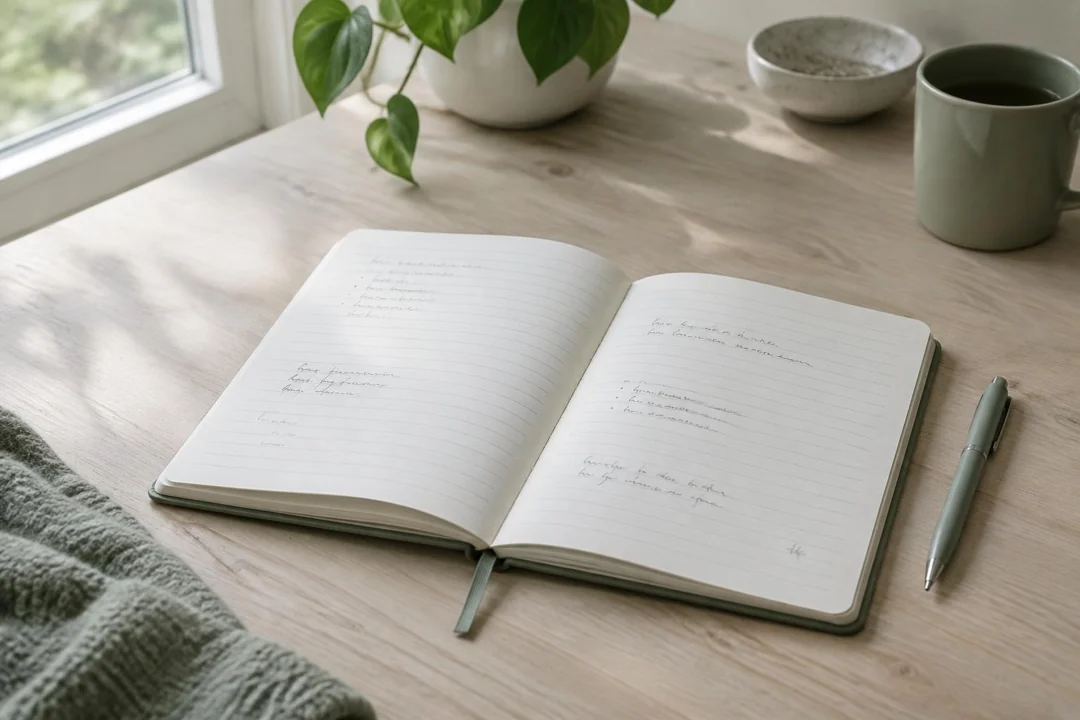 Caderno aberto com anotações e caneta sobre a mesa.